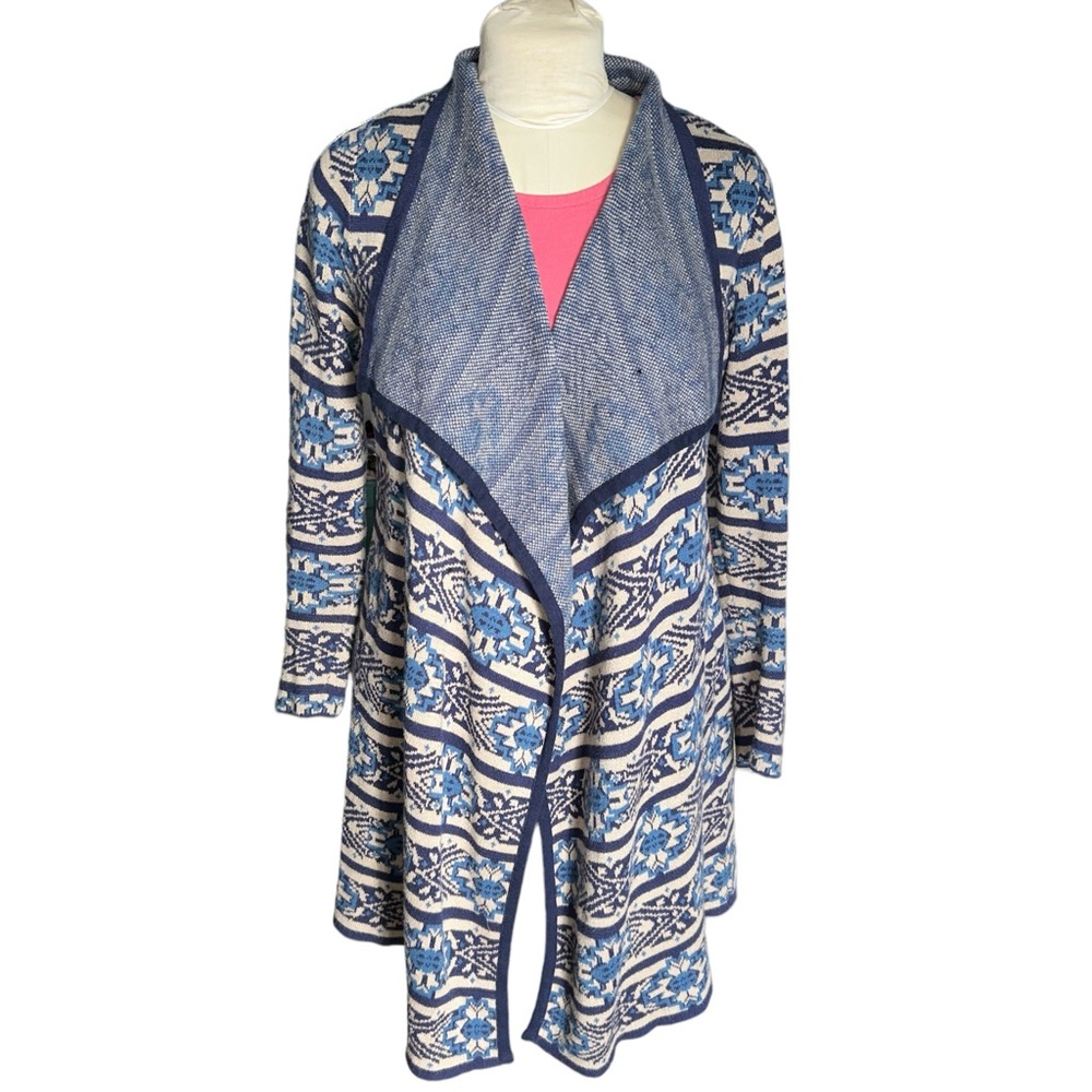 Lucky Brand Women’s Size LargeBlue/Tan Aztec Open Front Cardigan Duster Sweater